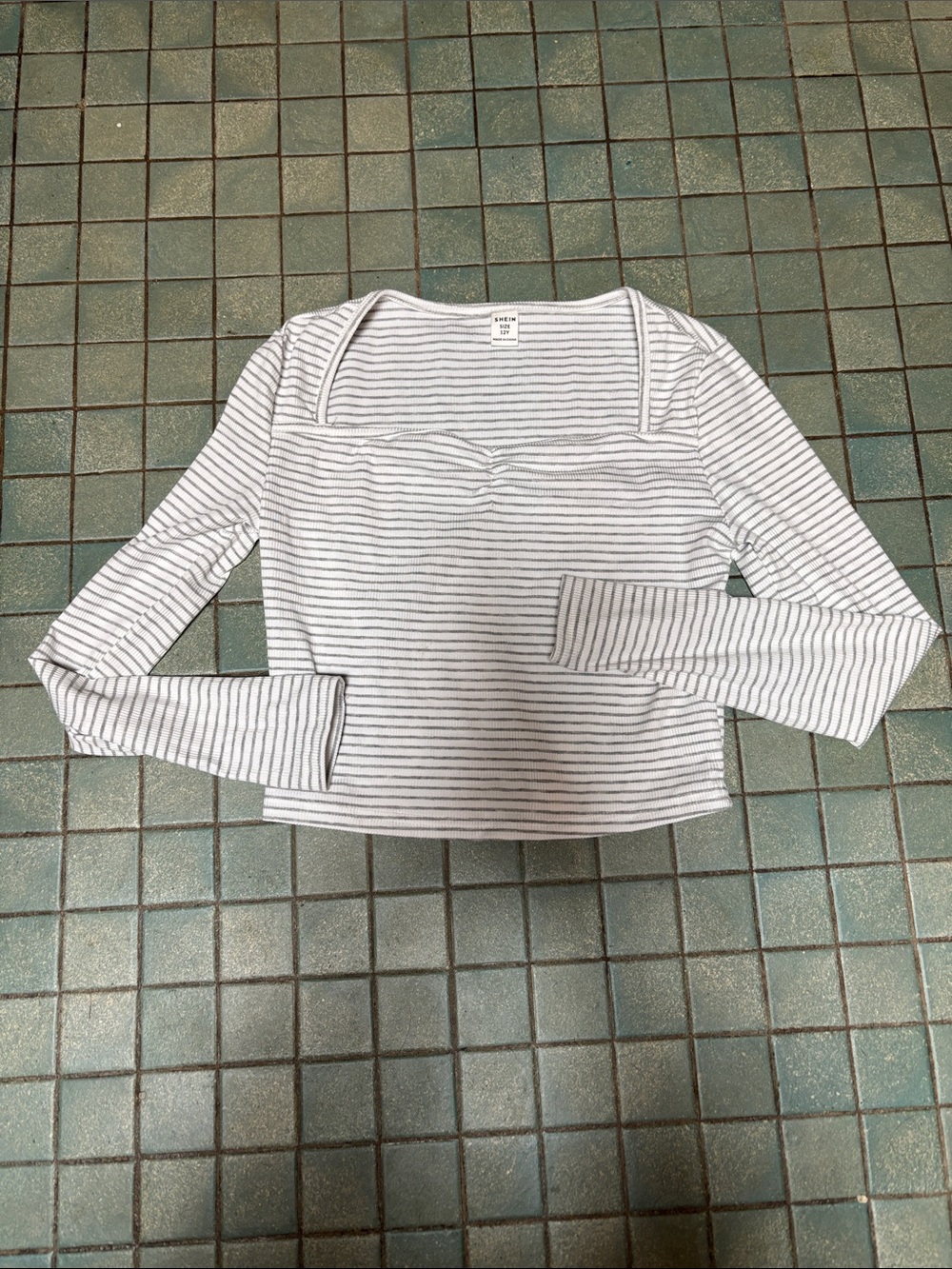 SHEIN White & Gray Striped Square-Neck Long Sleeve Top